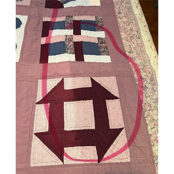 Vintage Handmade Quilt 66x52” Sampler Fan Pattern Purple Blue Coverlet Throw RV - Picture 12 of 16